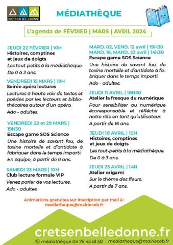 Agenda février, mars, avril 2024 médiathèque Crêts en Belledonne