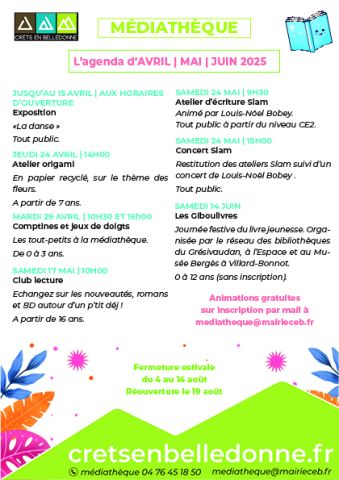 Visuel agenda médiathèque Crêts en Belledonne avril - mai - juin 2025