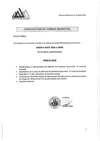 CONSEIL MUNICIPAL MARDI 4 AOUT 2026 A 19H