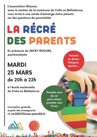 La récré des parents soirée sur la parentalité école maternelle à Crêts en Belledonne mardi 25 mars 2025 de 20h à 22h