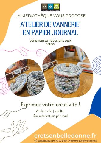 Atelier vannerie en papier journal à la médiathèque de Crêts en Belledonne le 22 novembre 2024 à 18h30. Gratuit sur inscription par mail