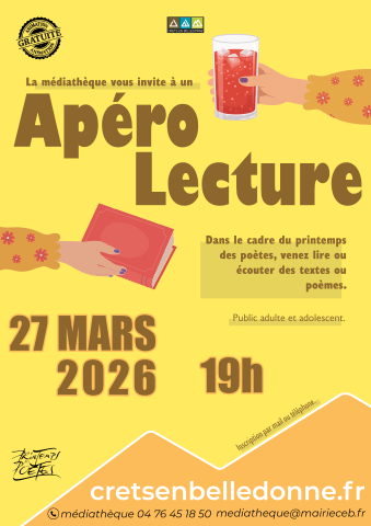 Apéro lecture à la médiathèque de Crêts en Belledonne le 27 mars 2026 à 19h