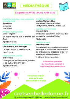 Visuel agenda médiathèque Crêts en Belledonne avril - mai - juin 2025