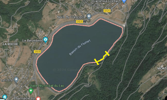 En jaune la piste d’accès qui sera bloquée au bassin du Flumet les 17 et 18 avril 2024 pour travaux