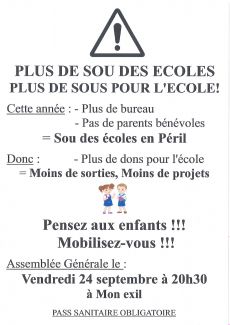 Flyer du Sou des écoles. Slogan "Plus de Sou des écoles, plus de sou pour l'école"