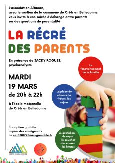 La récré des parents soirée sur la parentalité école maternelle à Crêts en Belledonne mardi 19 mars 2024 de 20h à 22h