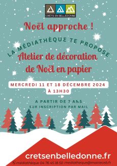Atelier de décoration de Noël les mercredis 11 et 18 décembre 2024 à 13h30 à la médiathèque